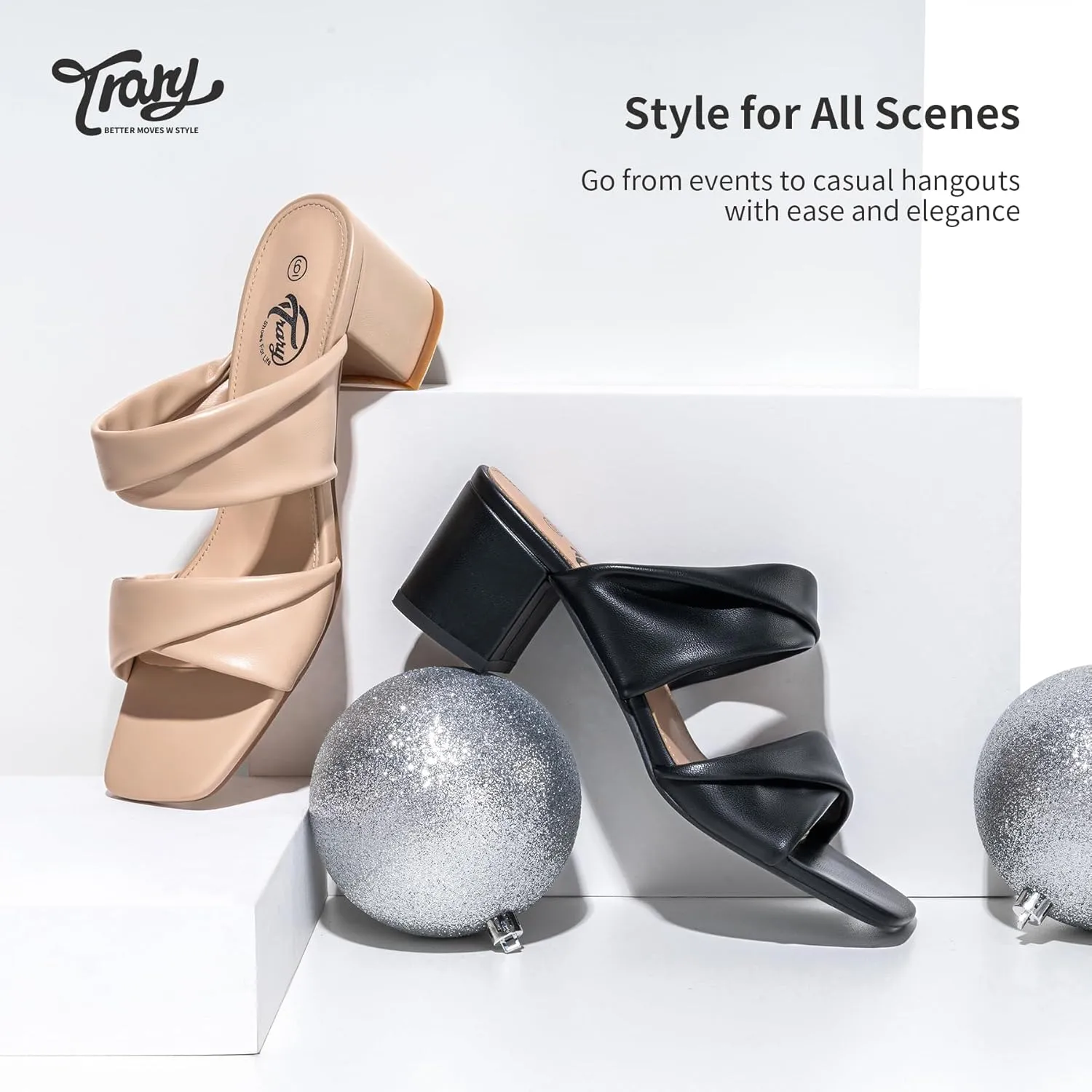 Trary Women's Sandals, Square Toe Heels Sandals, 2inch Black White Nude Chunky Block Heels Sandals