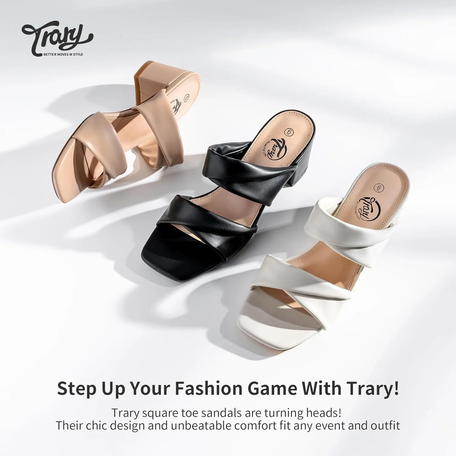 Trary Women's Sandals, Square Toe Heels Sandals, 2inch Black White Nude Chunky Block Heels Sandals