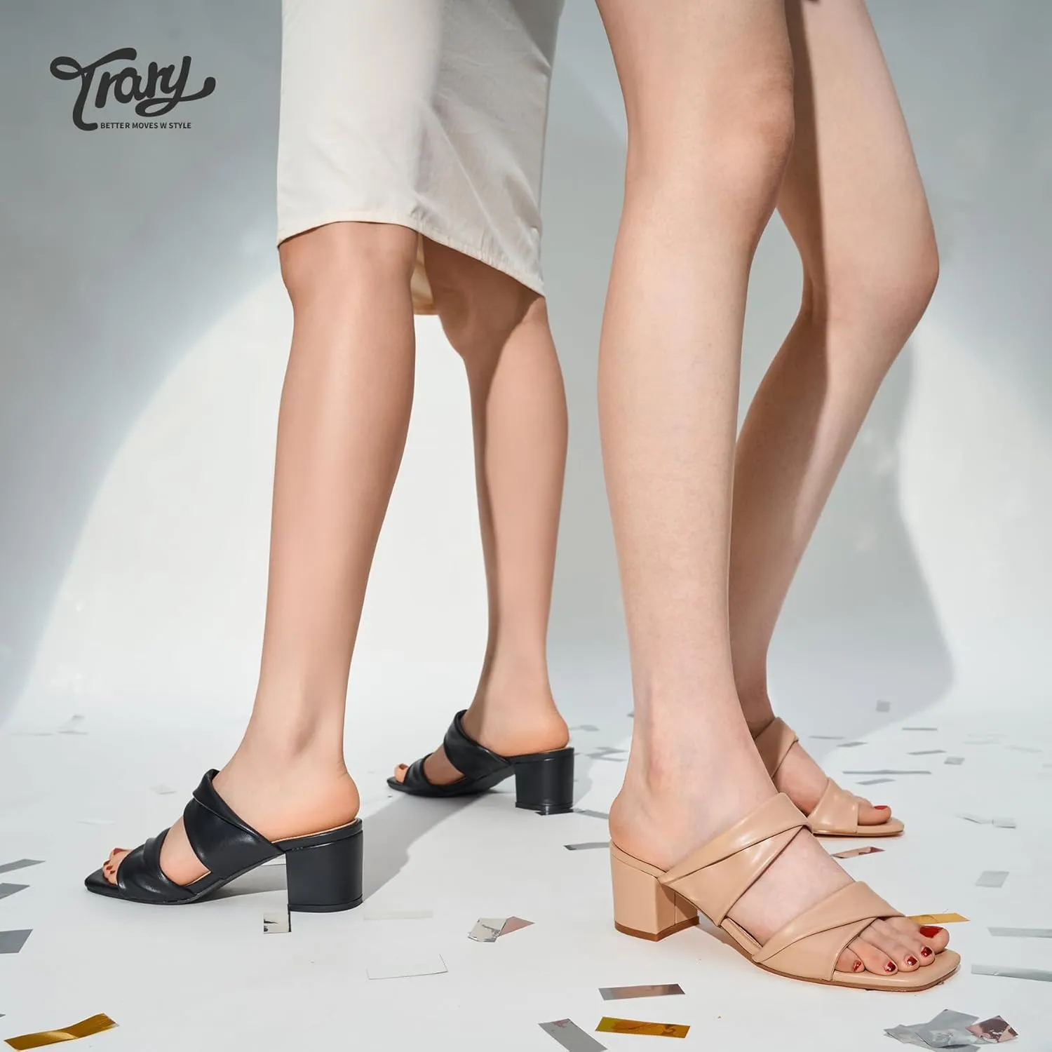 Trary Women's Sandals, Square Toe Heels Sandals, 2inch Black White Nude Chunky Block Heels Sandals
