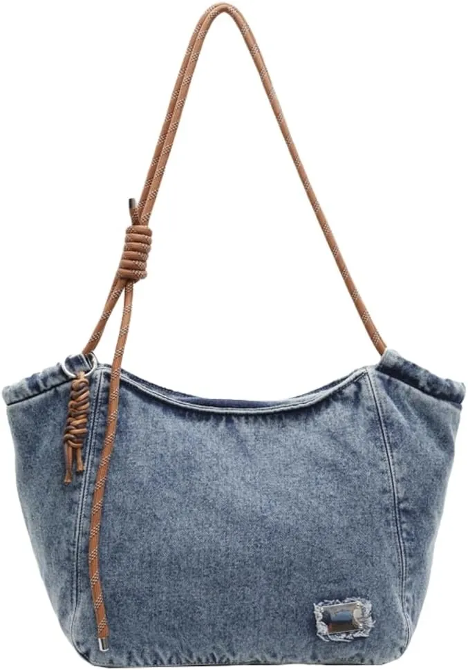 Trendy Solid Denim Tote Bag for Women Commuter Travel Outdoor Shoulder Bags Large Capacity Practical Sling Bag 2025