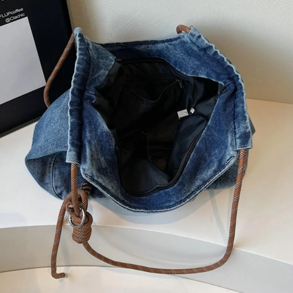 Trendy Solid Denim Tote Bag for Women Commuter Travel Outdoor Shoulder Bags Large Capacity Practical Sling Bag 2025