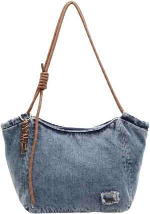 Trendy Solid Denim Tote Bag for Women Commuter Travel Outdoor Shoulder Bags Large Capacity Practical Sling Bag 2025
