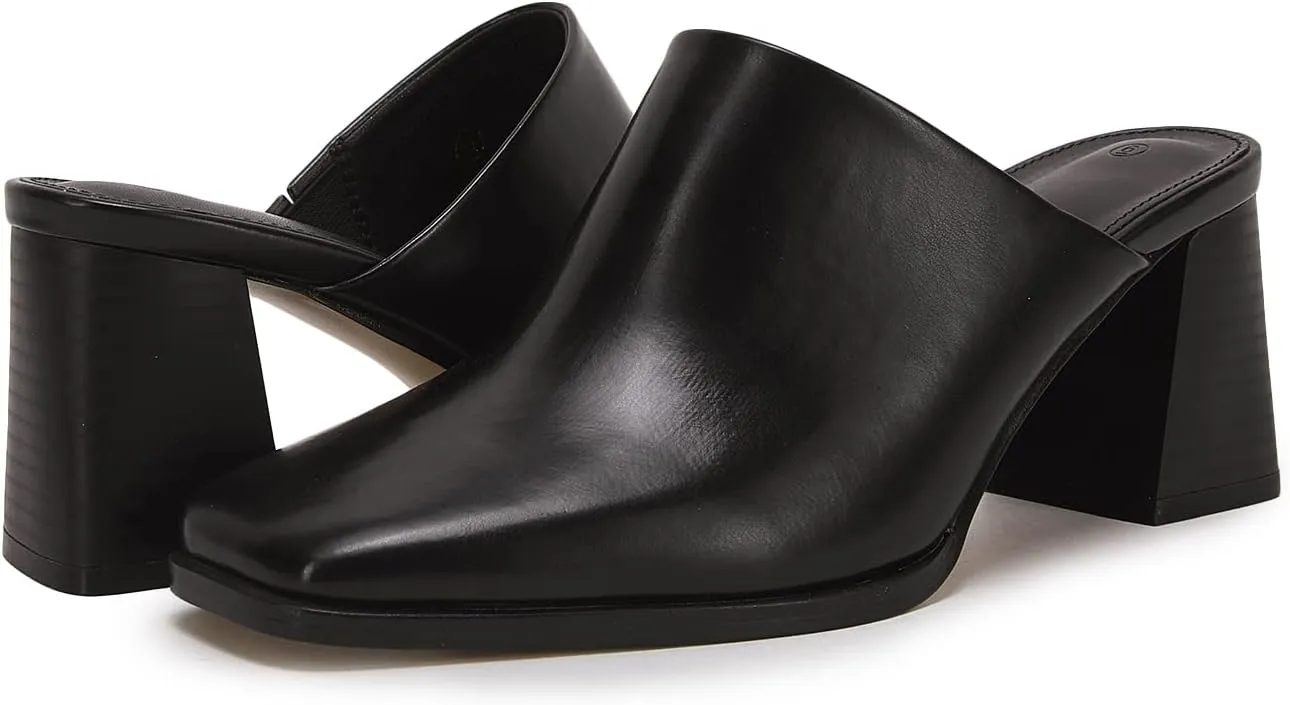 Trish Lucia Womens Chunky Stacked Heel Mules Closed Square Toe Heeled Slip on Clogs Casual Backless Loafers Shoes