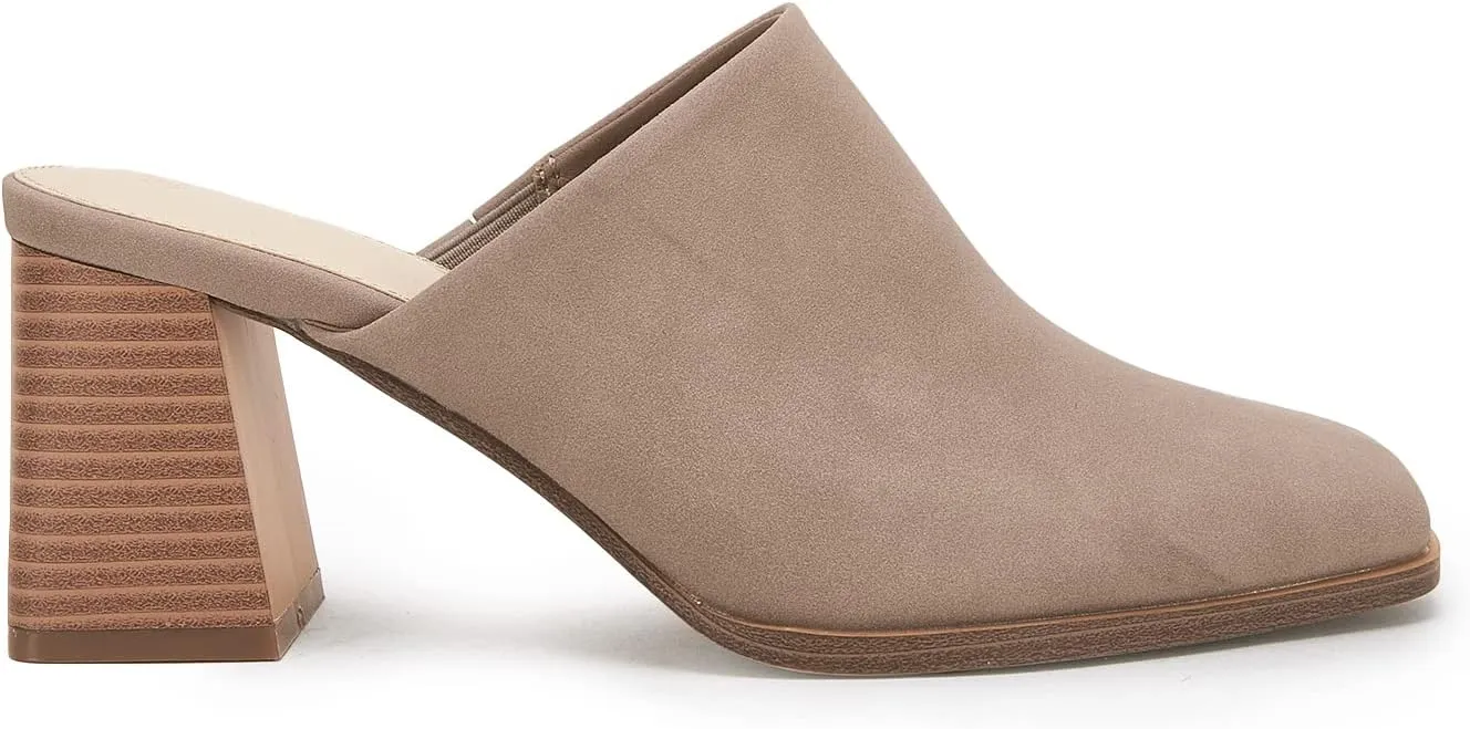 Trish Lucia Womens Chunky Stacked Heel Mules Closed Square Toe Heeled Slip on Clogs Casual Backless Loafers Shoes