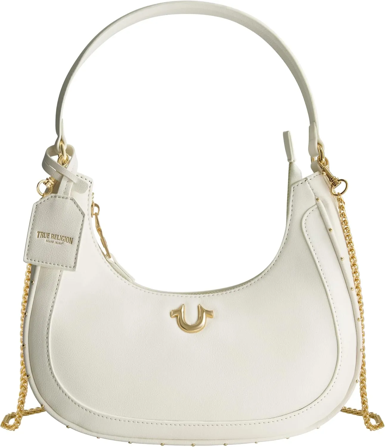 True Religion Hobo Bag, Women's Faux Leather Crescent Handbag with Adjustable Chain Strap