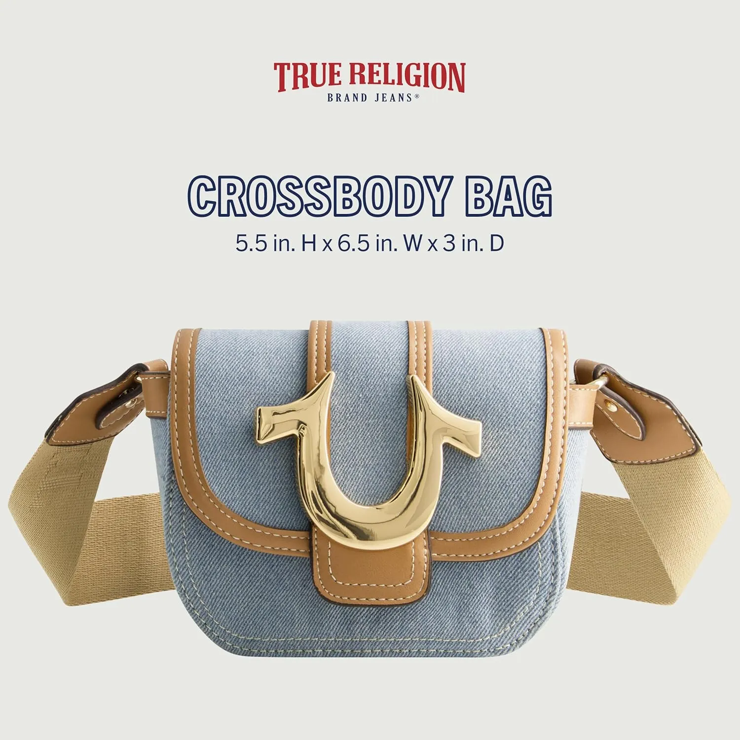 True Religion Women's Crossbody Bag, Denim Mini Flap Adjustable Shoulder Handbag with Horseshoe Logo