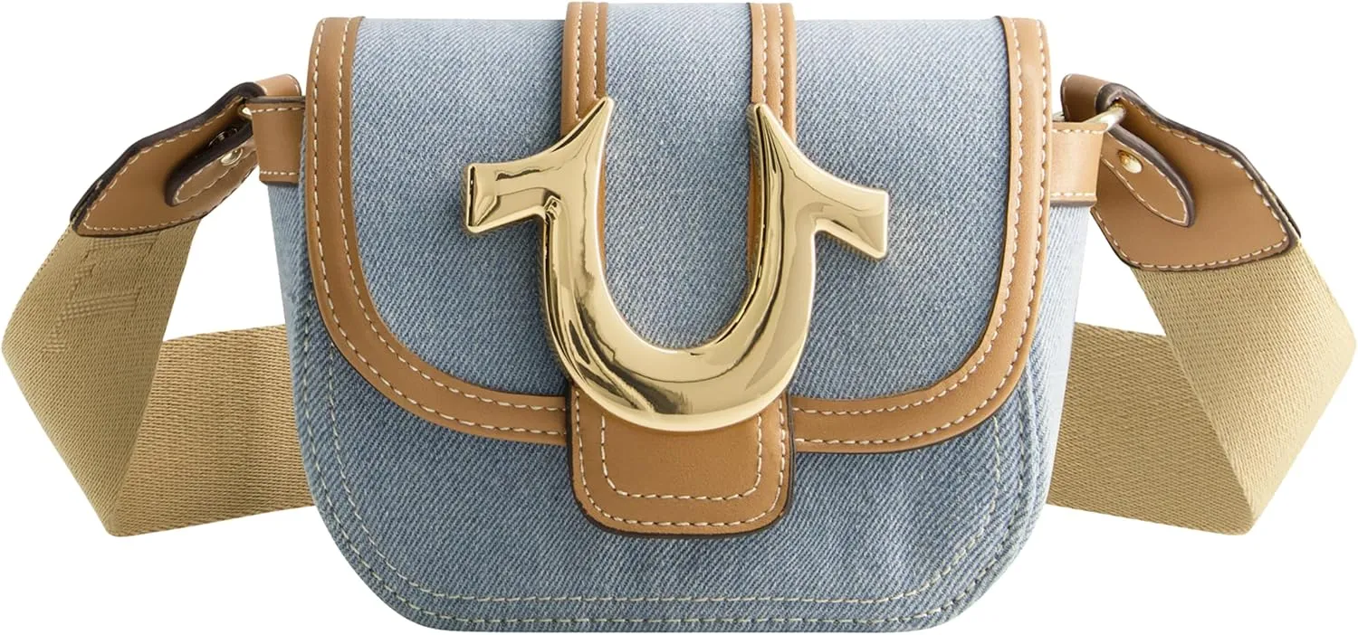 True Religion Women's Crossbody Bag, Denim Mini Flap Adjustable Shoulder Handbag with Horseshoe Logo