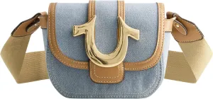 True Religion Women's Crossbody Bag, Denim Mini Flap Adjustable Shoulder Handbag with Horseshoe Logo