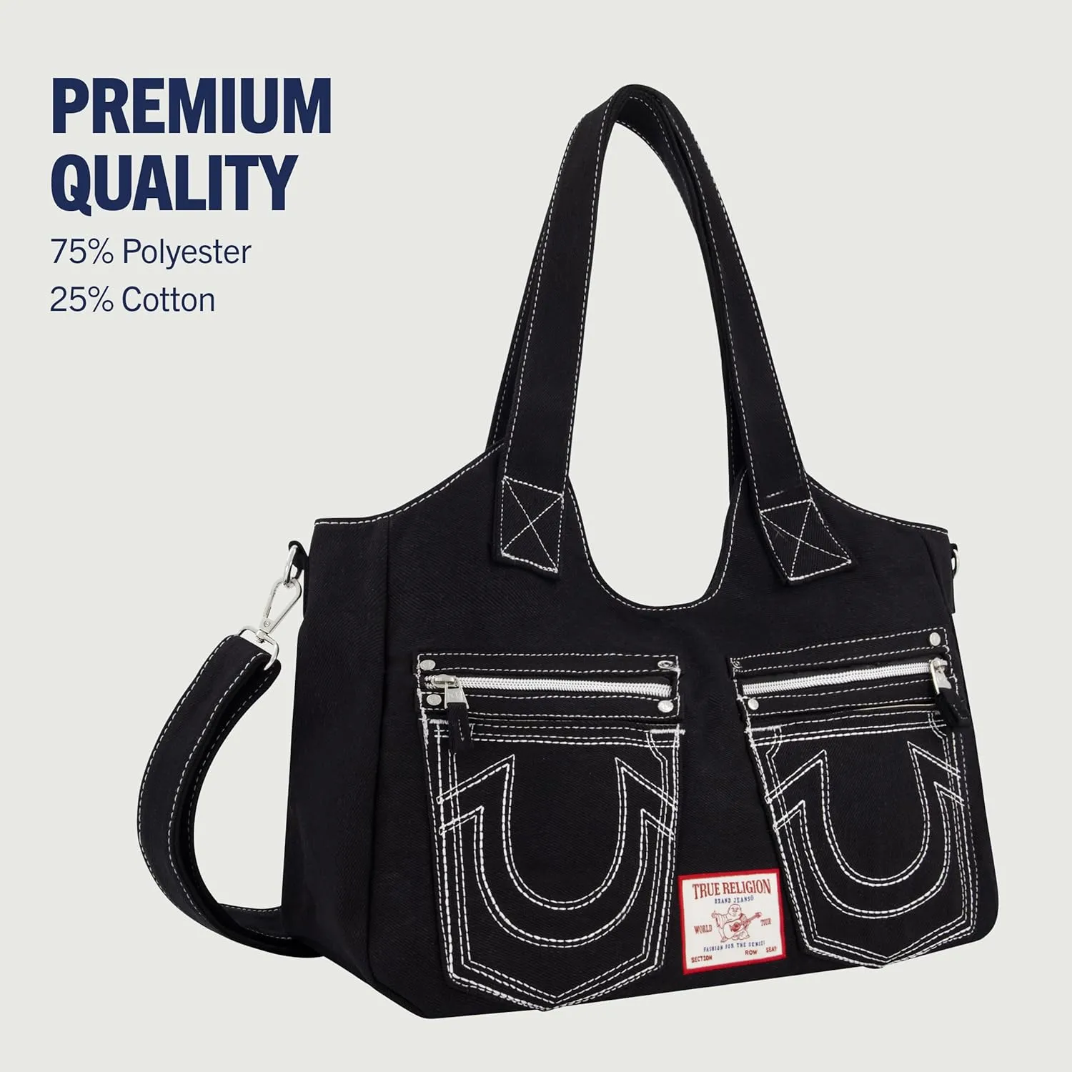 True Religion Women's Satchel Bag, Crossbody Purse Handbag with Horseshoe Logo Stitching