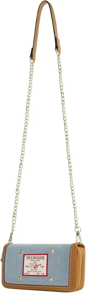 True Religion Women's Zip-Around Wallet with Chain Strap, Denim, One Size
