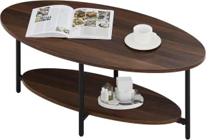 TUKAILAi Oval Coffee Table with Open Storage Shelf, 2-Tier Wooden Tea Table with Adjustable Feetpad, Industrial Center Table with Cross Metal Legs for Living Room, Bedroom, Lounge (Rustic Brown)
