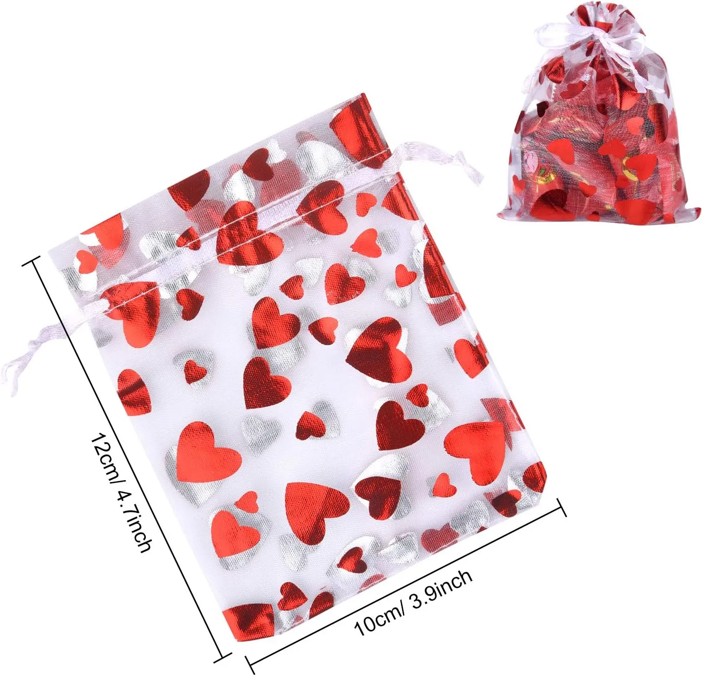 TUPARKA 120 pcs Valentine Gift Bags,Valentines Candy Treat Bags, Love Heart Organza Bags Drawstring Pouches for Valentines Goodie Wedding Gift Packaging,Valentines Party Favor Bags
