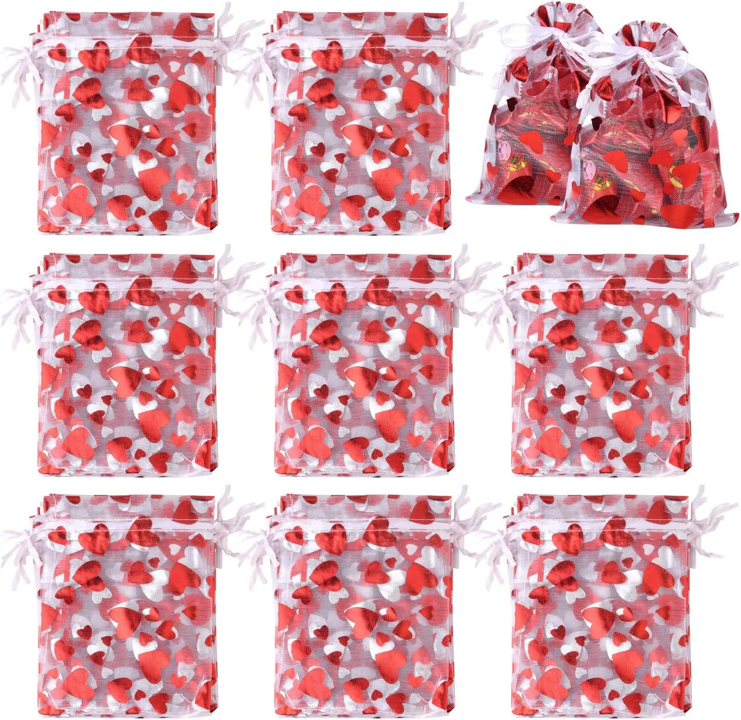 TUPARKA 120 pcs Valentine Gift Bags,Valentines Candy Treat Bags, Love Heart Organza Bags Drawstring Pouches for Valentines Goodie Wedding Gift Packaging,Valentines Party Favor Bags