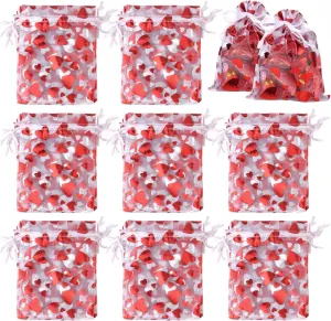 TUPARKA 120 pcs Valentine Gift Bags,Valentines Candy Treat Bags, Love Heart Organza Bags Drawstring Pouches for Valentines Goodie Wedding Gift Packaging,Valentines Party Favor Bags