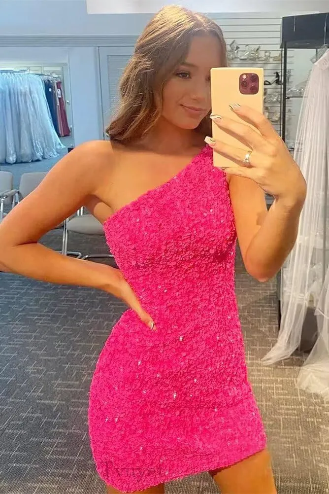 Tvuyet Sparkly One Shoulder Homecoming Dresses for Teens 2025 Glitter Sequin Tight Short Prom Dress for Juniors