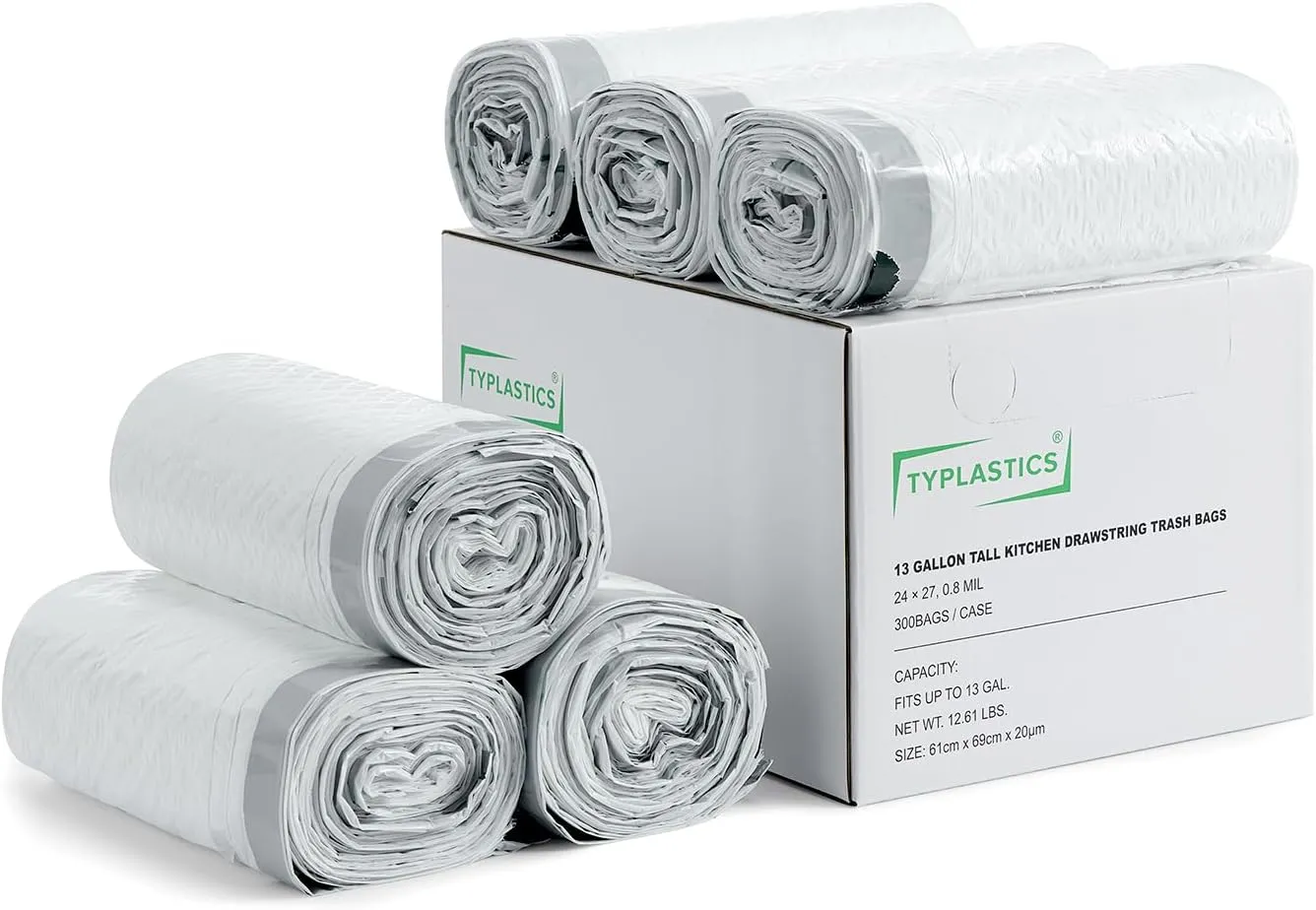 TYPLASTICS FleTex Tall Kitchen 13 Gallon Drawstring Trash Bags, 300 Bags, 24in x 27in, Unscented, White, Wholesale Pack