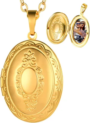 U7 Custom Photo Locket Necklace with 18 inch Chain - Oval & Heart Shaped Locket - Personalized Image Necklaces for Women & Girls
