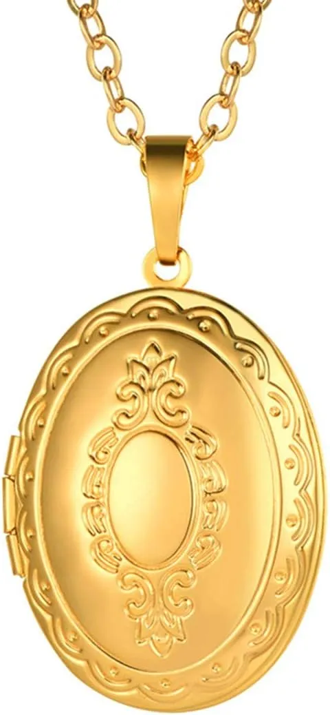 U7 Custom Photo Locket Necklace with 18 inch Chain - Oval & Heart Shaped Locket - Personalized Image Necklaces for Women & Girls