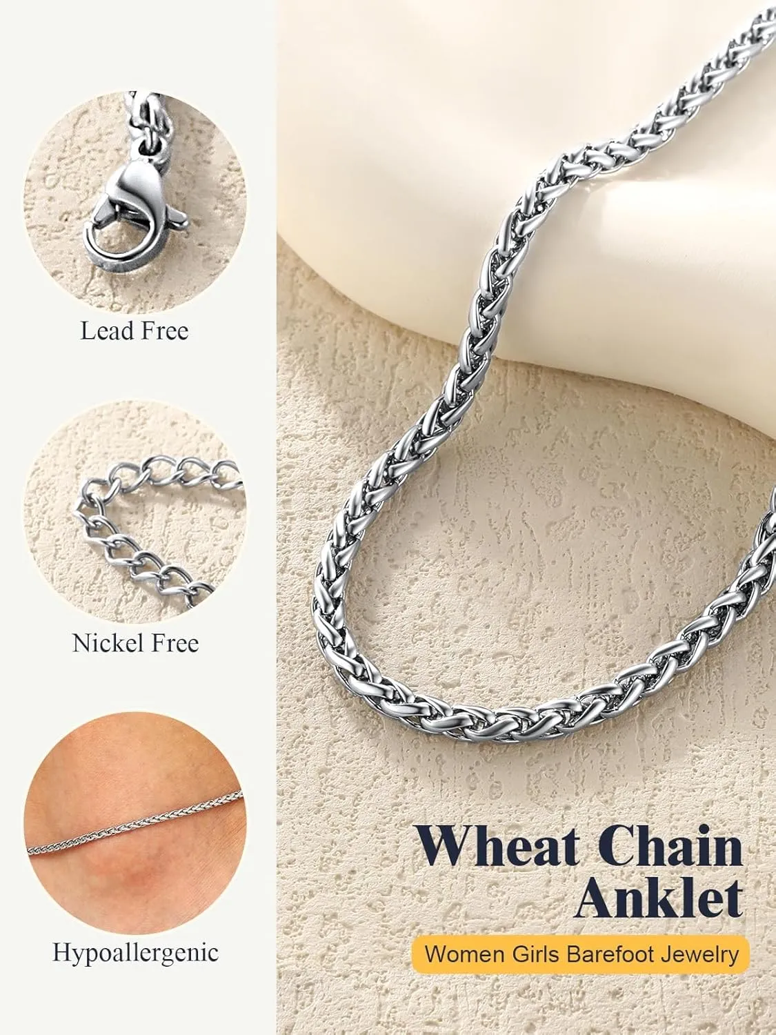 U7 Women Girls Barefoot Jewelry 18K Gold or Rose Gold Stainless Steel Heart/Rope/Figaro/Cuban Chain Anklet Foot Bracelet, 25-30 CM Long
