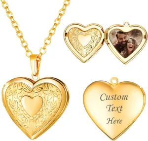 U7 Women Locket Necklace Platinum 18K Gold Photo Lockets that Hold Picture,Chain 20 Inch Personalized Gift Custom Love Heart Image Necklaces