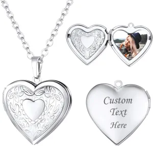 U7 Women Locket Necklace Platinum 18K Gold Photo Lockets that Hold Picture,Chain 20 Inch Personalized Gift Custom Love Heart Image Necklaces