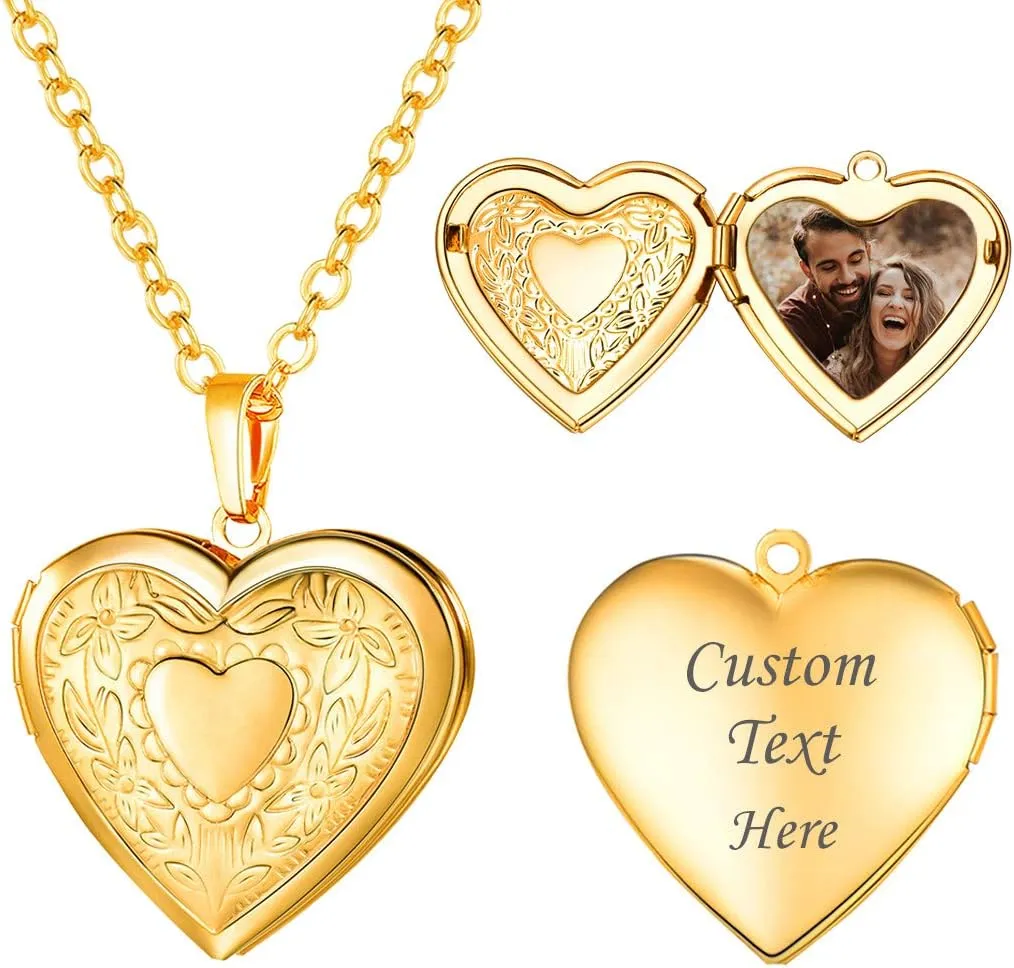 U7 Women Locket Necklace Platinum 18K Gold Photo Lockets that Hold Picture,Chain 20 Inch Personalized Gift Custom Love Heart Image Necklaces