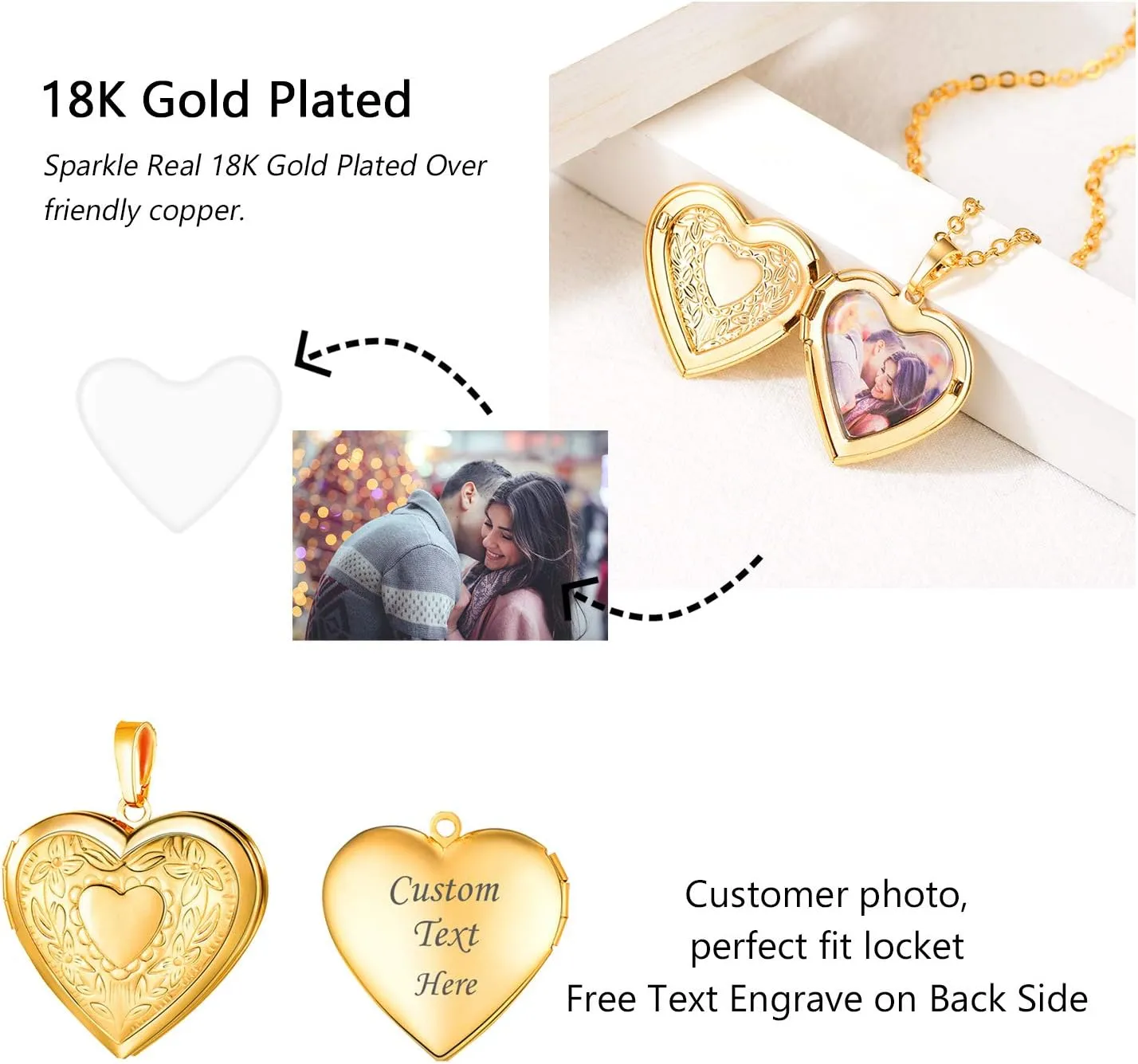 U7 Women Locket Necklace Platinum 18K Gold Photo Lockets that Hold Picture,Chain 20 Inch Personalized Gift Custom Love Heart Image Necklaces