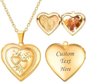 U7 Women Locket Necklace Platinum 18K Gold Photo Lockets that Hold Picture,Chain 20 Inch Personalized Gift Custom Love Heart Image Necklaces