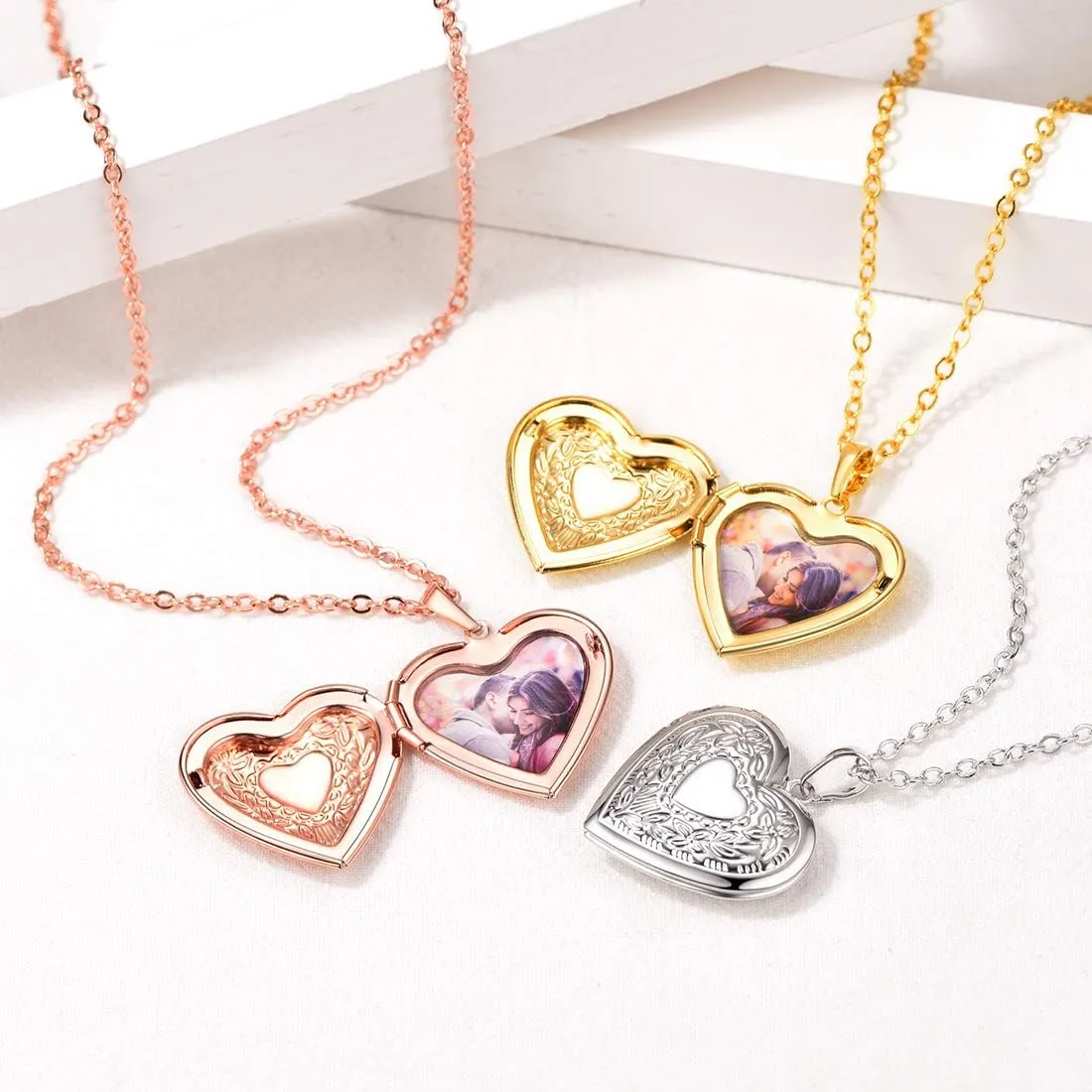 U7 Women Locket Necklace Platinum 18K Gold Photo Lockets that Hold Picture,Chain 20 Inch Personalized Gift Custom Love Heart Image Necklaces
