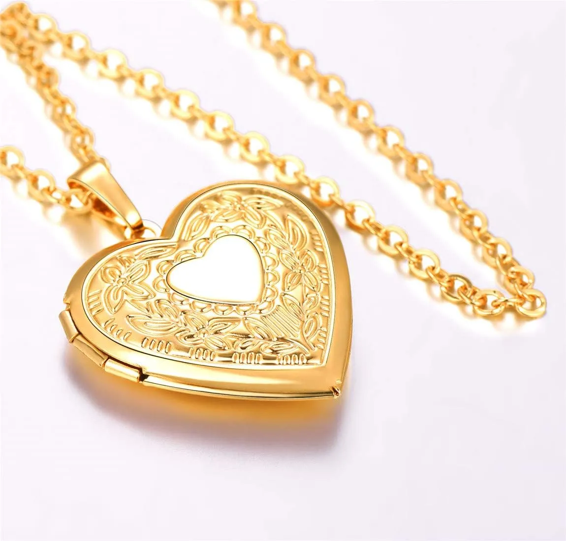 U7 Women Locket Necklace Platinum 18K Gold Photo Lockets that Hold Picture,Chain 20 Inch Personalized Gift Custom Love Heart Image Necklaces