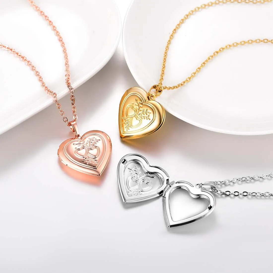 U7 Women Locket Necklace Platinum 18K Gold Photo Lockets that Hold Picture,Chain 20 Inch Personalized Gift Custom Love Heart Image Necklaces