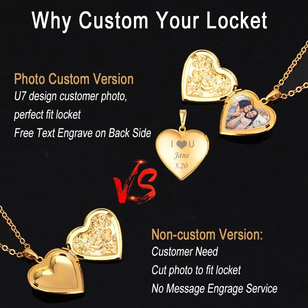 U7 Women Locket Necklace Platinum 18K Gold Photo Lockets that Hold Picture,Chain 20 Inch Personalized Gift Custom Love Heart Image Necklaces