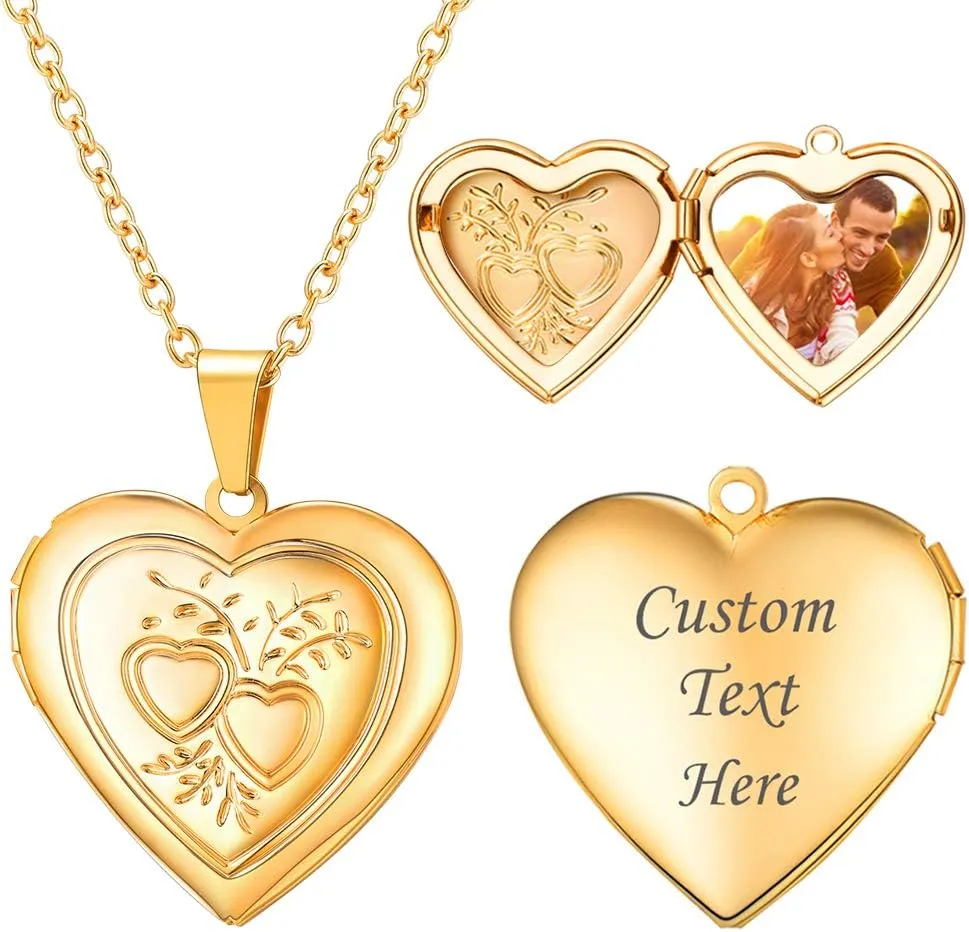 U7 Women Locket Necklace Platinum 18K Gold Photo Lockets that Hold Picture,Chain 20 Inch Personalized Gift Custom Love Heart Image Necklaces