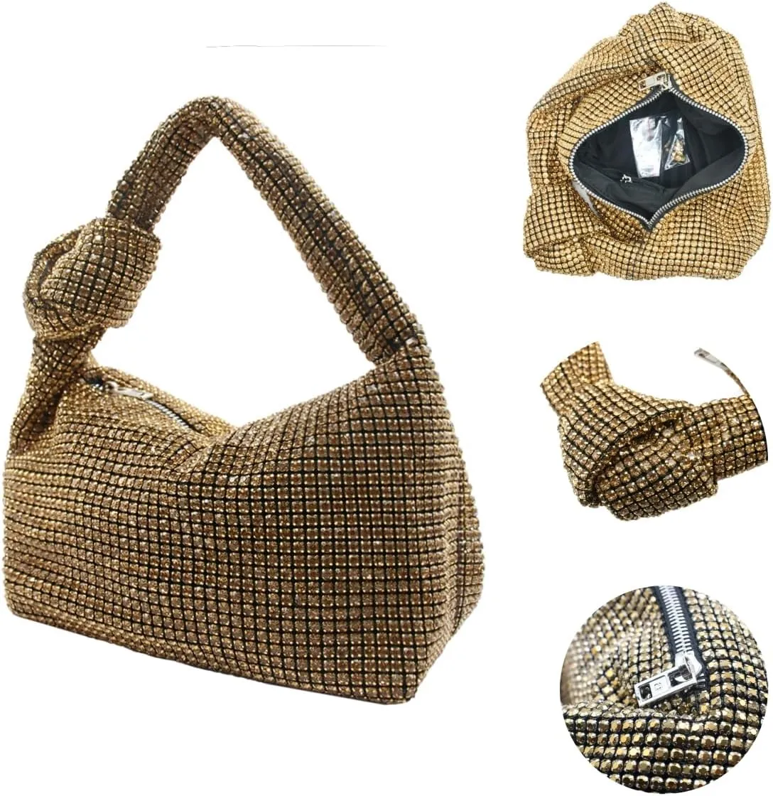 UMREN Bling Full Glitter Knotted Handbag for Women Crystal Rhinestone Hobo Dumpling Bag Diamond Evening Clutch Crossbody Bag