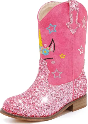 Unicorn Girls Cowgirl Boots Mid Calf Square Toe Glitter Toddler Western Cowboy Boot Little Kid Big Kid Riding Shoes Princess Dress Up Party Birthday Dance