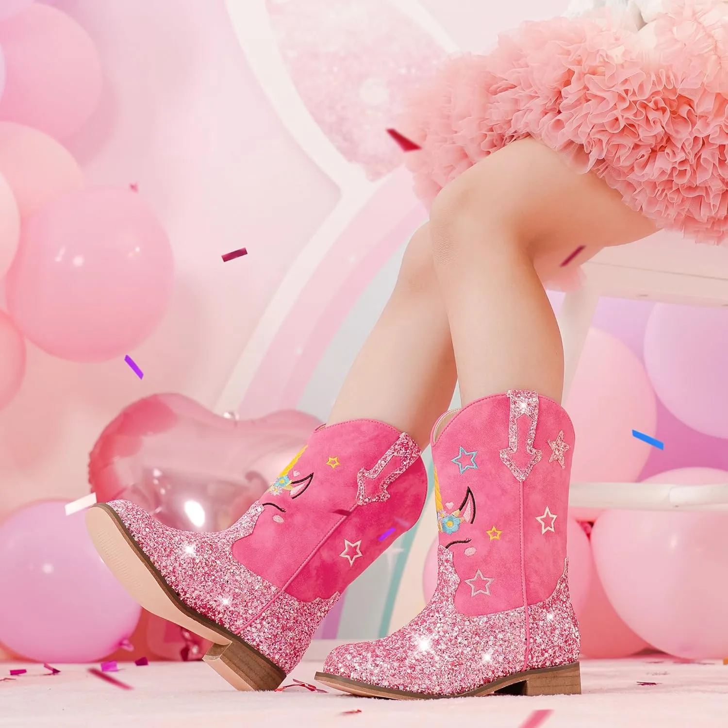 Unicorn Girls Cowgirl Boots Mid Calf Square Toe Glitter Toddler Western Cowboy Boot Little Kid Big Kid Riding Shoes Princess Dress Up Party Birthday Dance