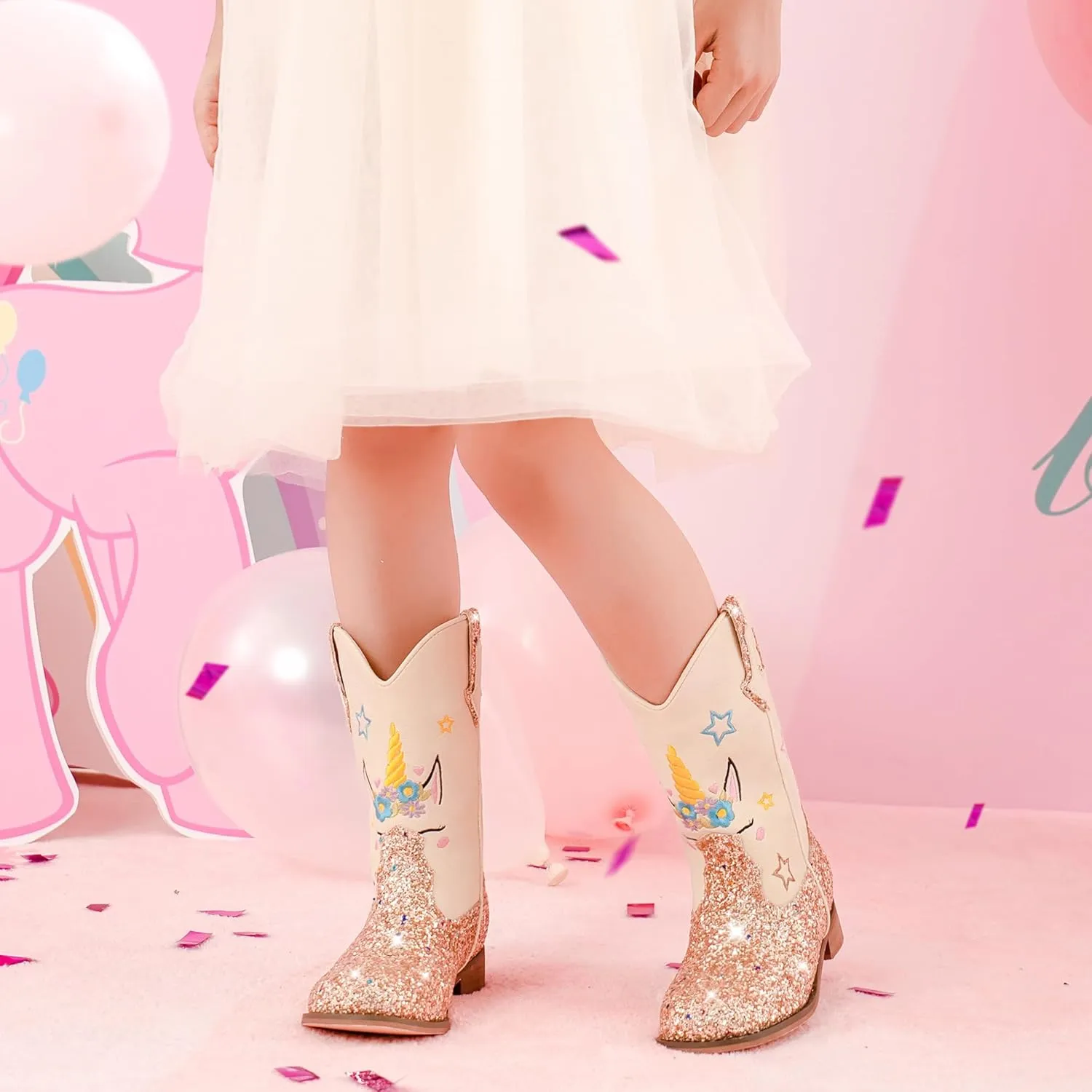 Unicorn Girls Cowgirl Boots Mid Calf Square Toe Glitter Toddler Western Cowboy Boot Little Kid Big Kid Riding Shoes Princess Dress Up Party Birthday Dance