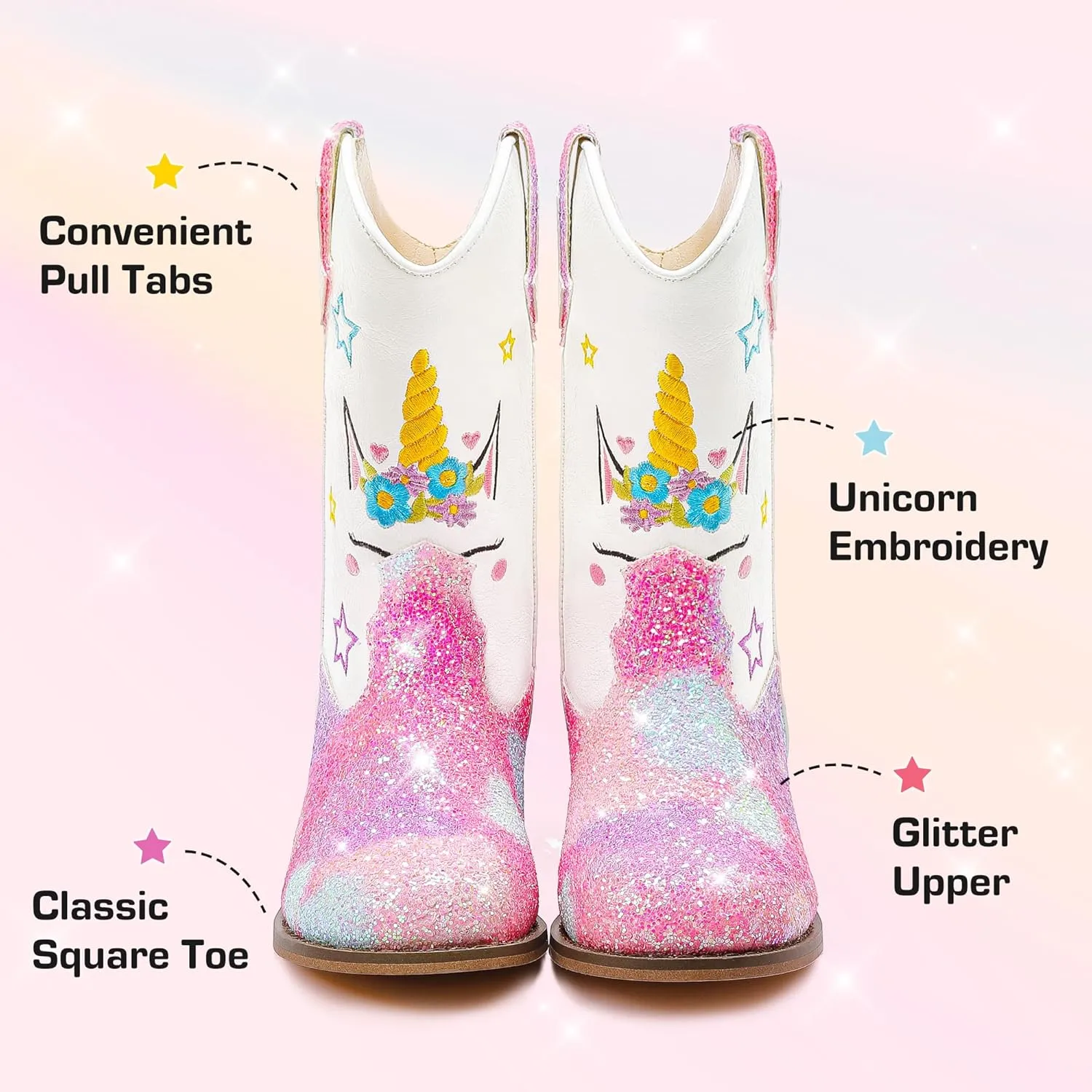 Unicorn Girls Cowgirl Boots Mid Calf Square Toe Glitter Toddler Western Cowboy Boot Little Kid Big Kid Riding Shoes Princess Dress Up Party Birthday Dance
