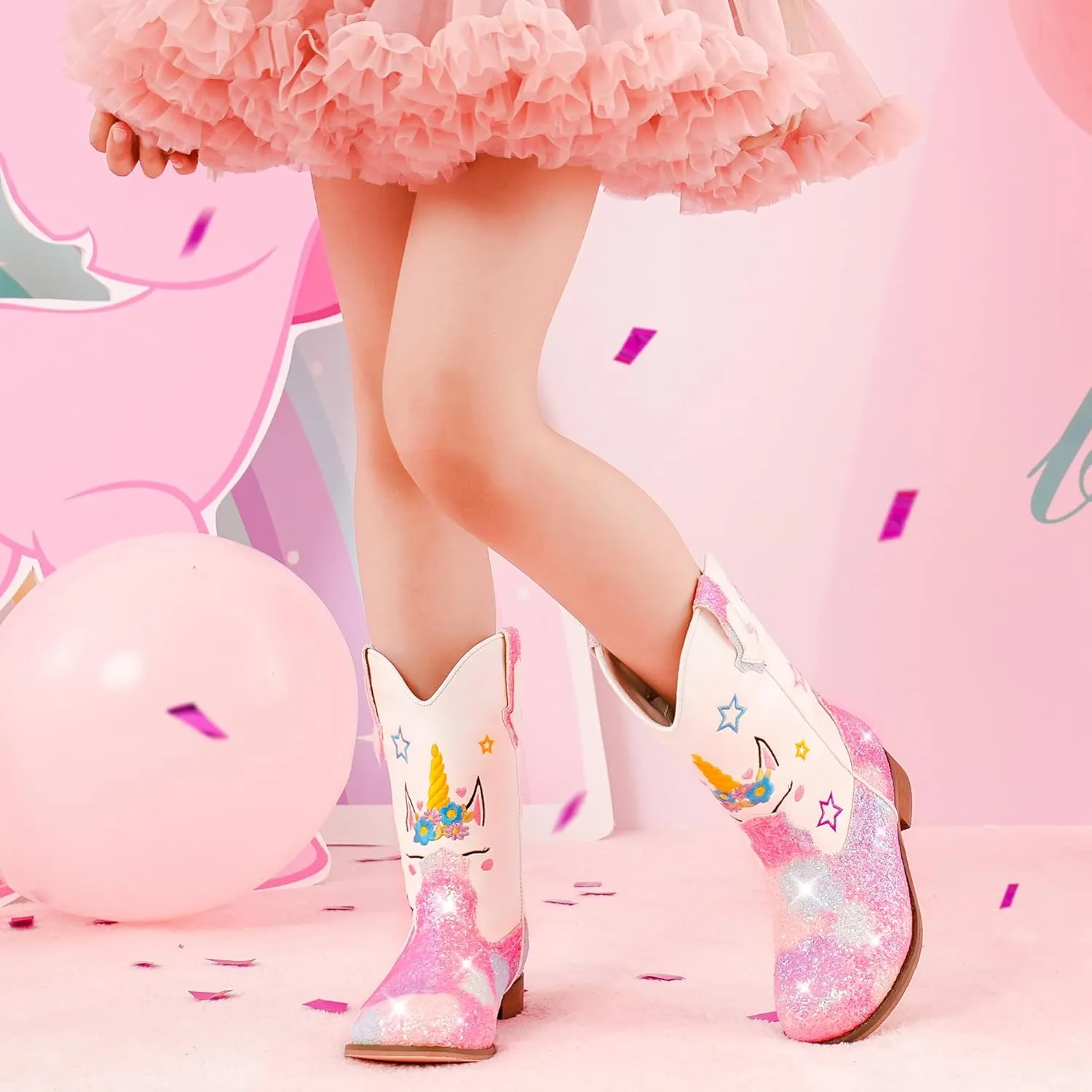 Unicorn Girls Cowgirl Boots Mid Calf Square Toe Glitter Toddler Western Cowboy Boot Little Kid Big Kid Riding Shoes Princess Dress Up Party Birthday Dance