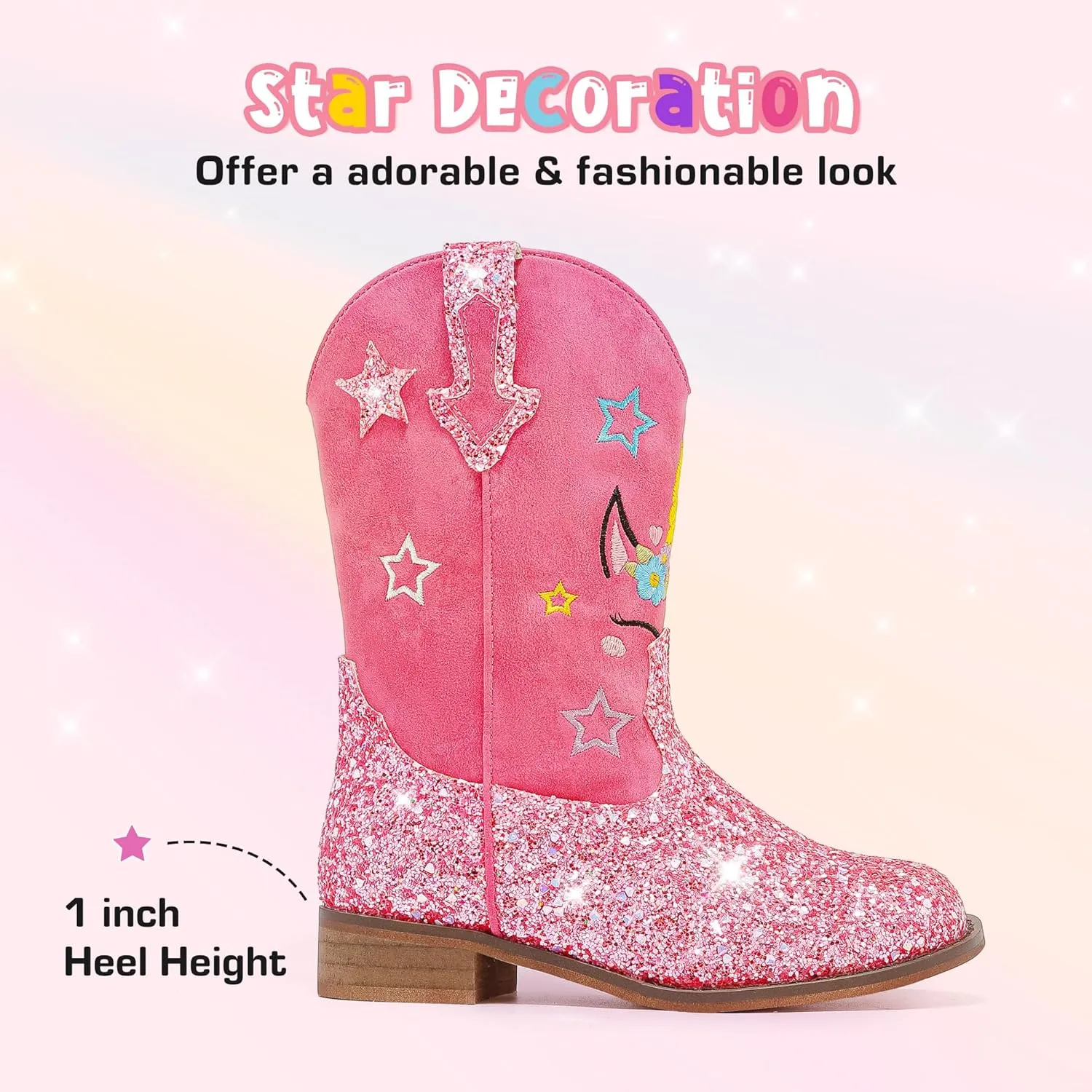 Unicorn Girls Cowgirl Boots Mid Calf Square Toe Glitter Toddler Western Cowboy Boot Little Kid Big Kid Riding Shoes Princess Dress Up Party Birthday Dance
