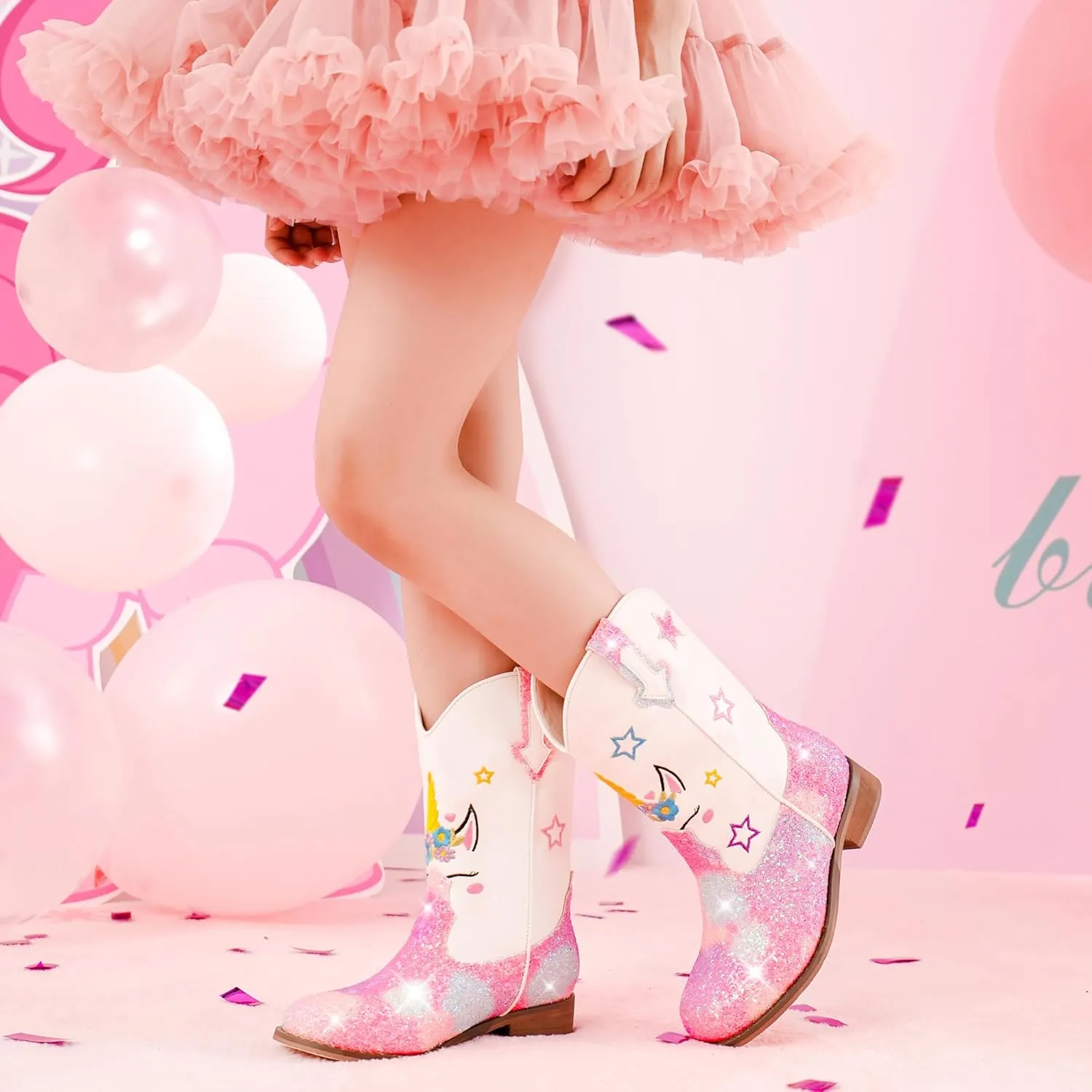 Unicorn Girls Cowgirl Boots Mid Calf Square Toe Glitter Toddler Western Cowboy Boot Little Kid Big Kid Riding Shoes Princess Dress Up Party Birthday Dance