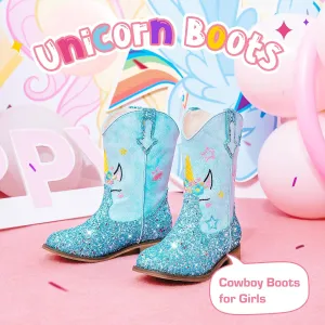Unicorn Girls Cowgirl Boots Mid Calf Square Toe Glitter Toddler Western Cowboy Boot Little Kid Big Kid Riding Shoes Princess Dress Up Party Birthday Dance