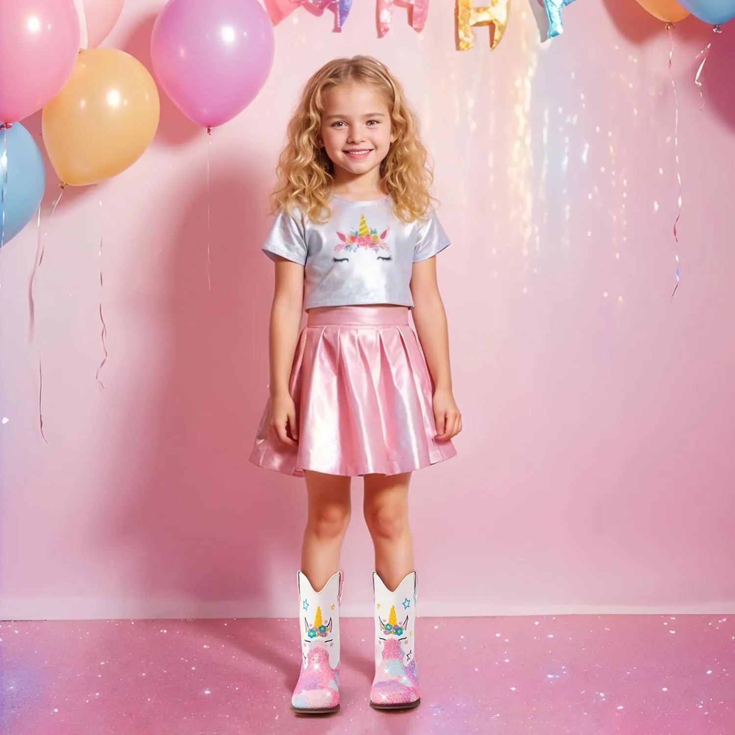 Unicorn Girls Cowgirl Boots Mid Calf Square Toe Glitter Toddler Western Cowboy Boot Little Kid Big Kid Riding Shoes Princess Dress Up Party Birthday Dance