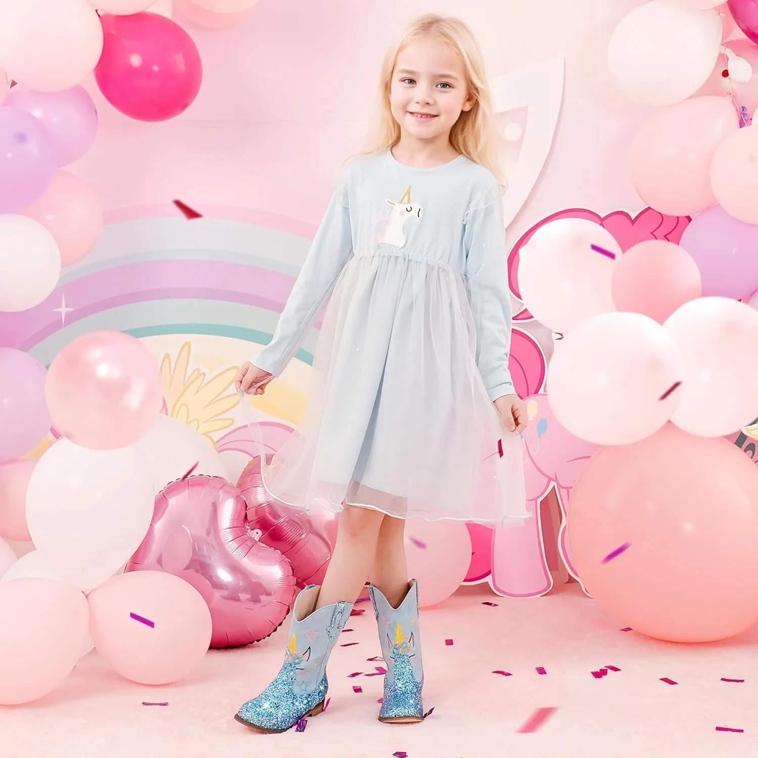 Unicorn Girls Cowgirl Boots Mid Calf Square Toe Glitter Toddler Western Cowboy Boot Little Kid Big Kid Riding Shoes Princess Dress Up Party Birthday Dance