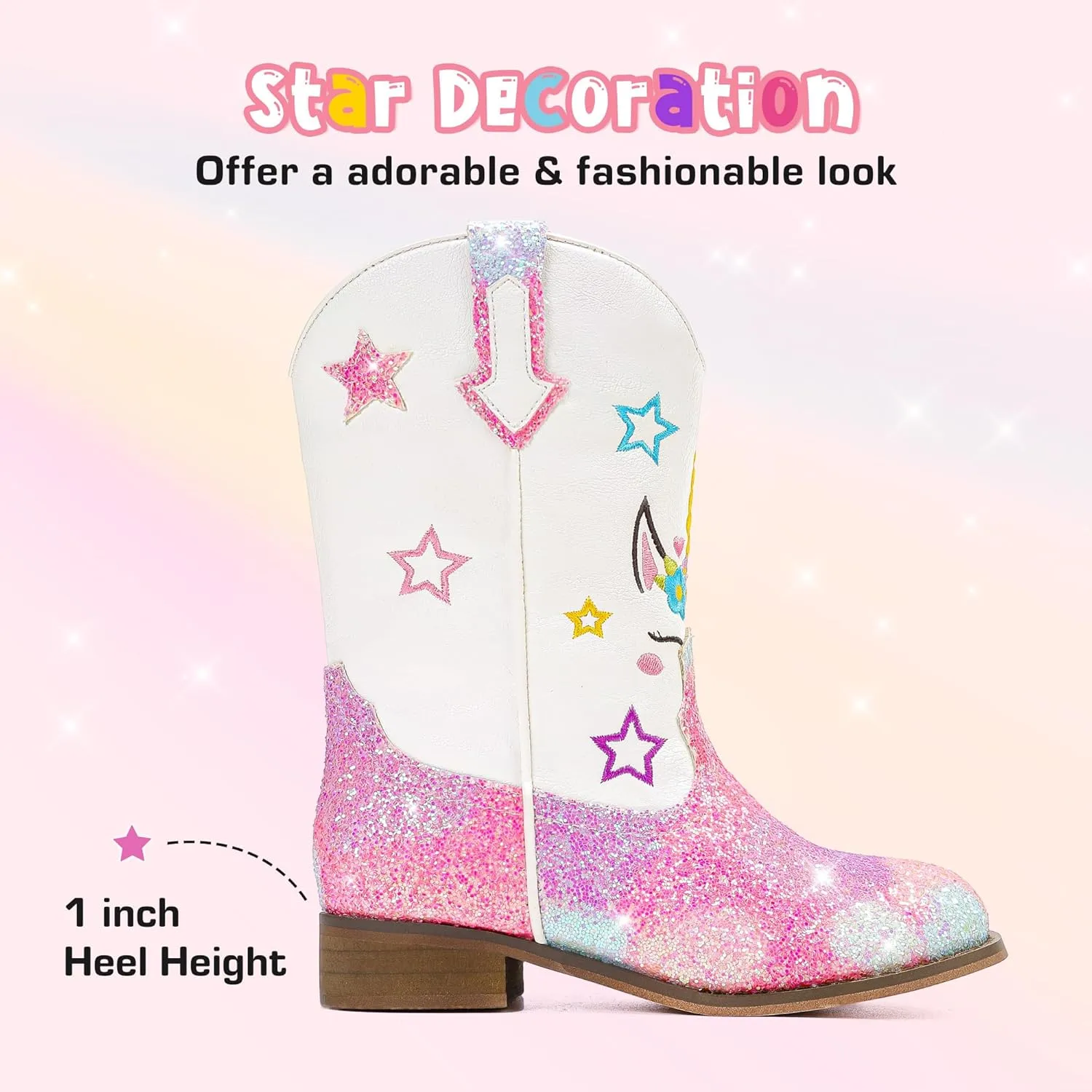 Unicorn Girls Cowgirl Boots Mid Calf Square Toe Glitter Toddler Western Cowboy Boot Little Kid Big Kid Riding Shoes Princess Dress Up Party Birthday Dance