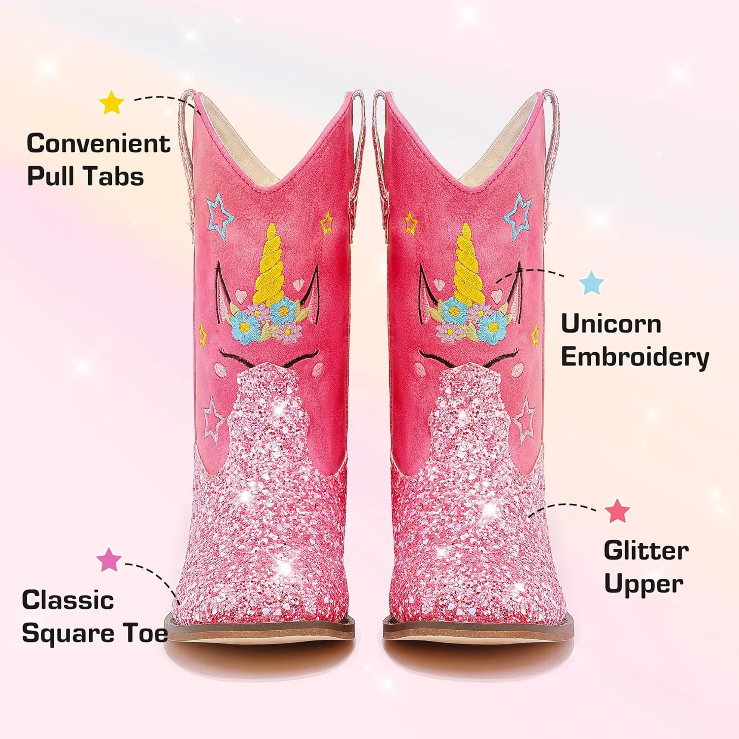 Unicorn Girls Cowgirl Boots Mid Calf Square Toe Glitter Toddler Western Cowboy Boot Little Kid Big Kid Riding Shoes Princess Dress Up Party Birthday Dance