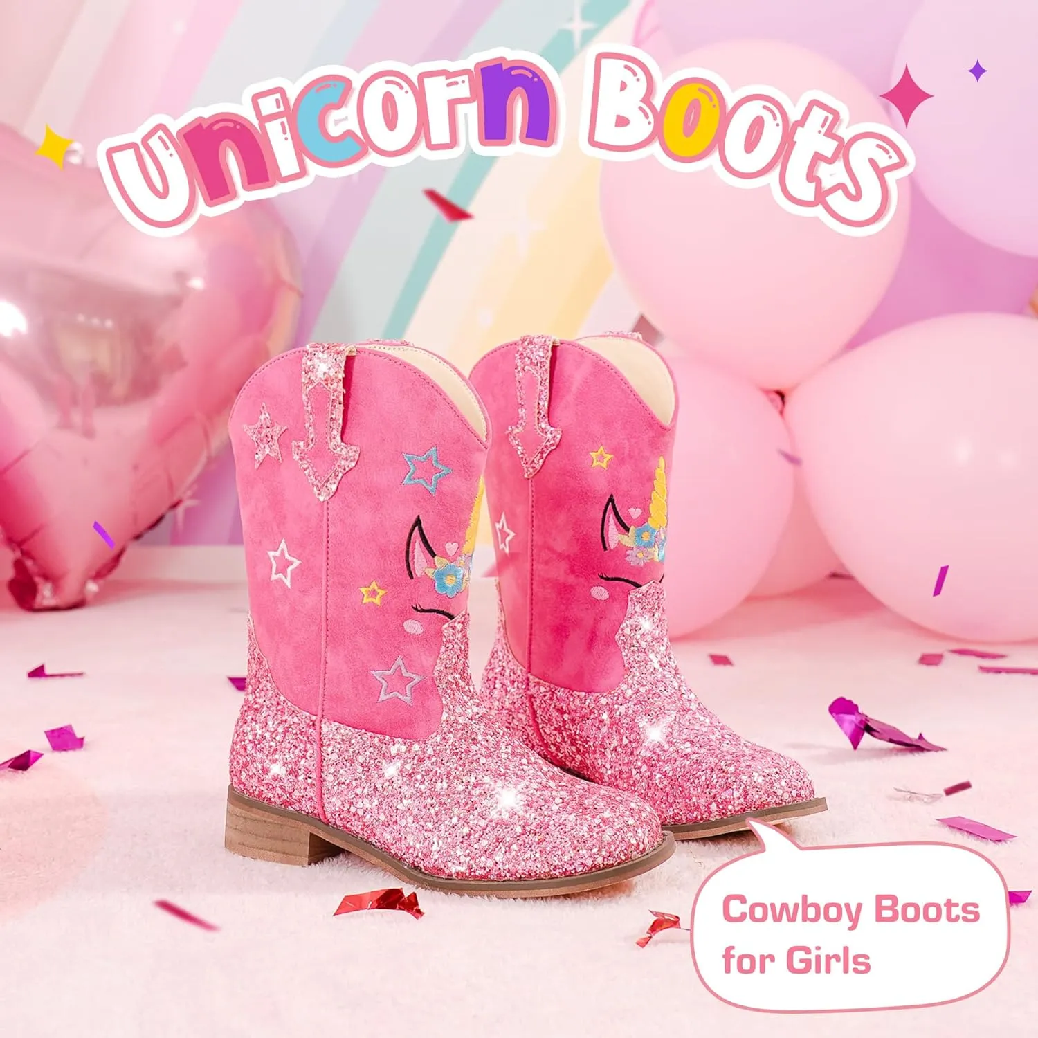 Unicorn Girls Cowgirl Boots Mid Calf Square Toe Glitter Toddler Western Cowboy Boot Little Kid Big Kid Riding Shoes Princess Dress Up Party Birthday Dance