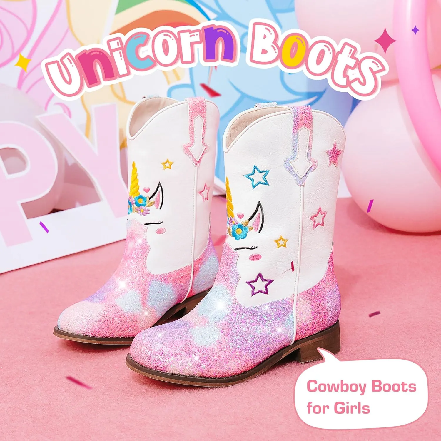 Unicorn Girls Cowgirl Boots Mid Calf Square Toe Glitter Toddler Western Cowboy Boot Little Kid Big Kid Riding Shoes Princess Dress Up Party Birthday Dance
