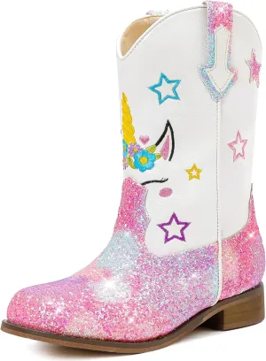 Unicorn Girls Cowgirl Boots Mid Calf Square Toe Glitter Toddler Western Cowboy Boot Little Kid Big Kid Riding Shoes Princess Dress Up Party Birthday Dance