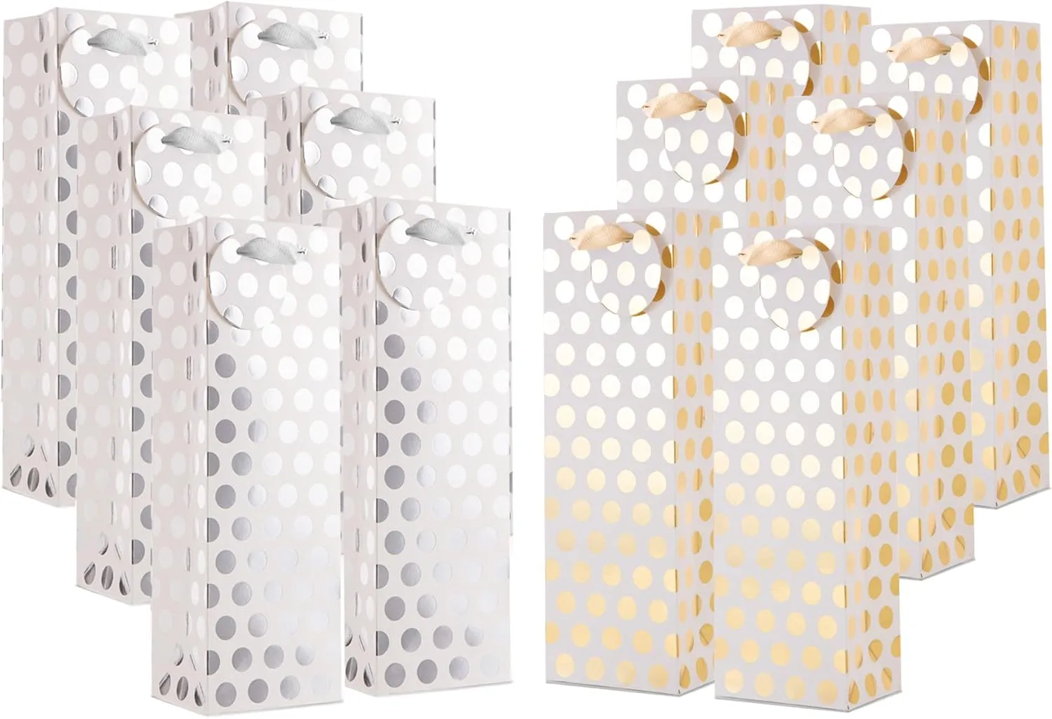 UNIQOOO 12Pcs Premium Quality Gold & Silver Metallic Foil Polka Dots Wine Gift Bag Bulk, w/Gift Massage Tag,100% Recyclable Paper,14"x4.75"x3.5" Wine Carrier Bags Tote Gift Bags, Party Gift Wrapping